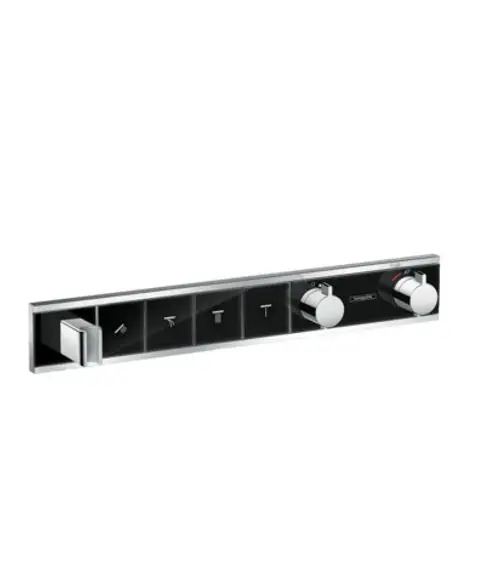 Hansgrohe Thermostat zur Unterputzmontage in Schwarz und Chrom für die Steuerung von vier Verbrauchern. Enthält integrierten Brausehalter und mehrere Bedienelemente.
